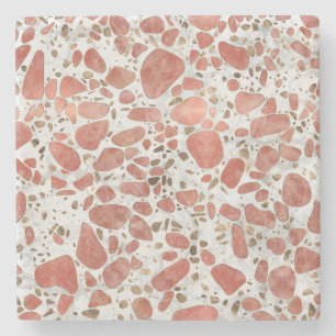 Terrazzo - Rose quartz and gold on marble #1 Stone Coaster