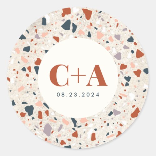 Terrazzo Slab Wedding Monogram and Date Classic Round Sticker