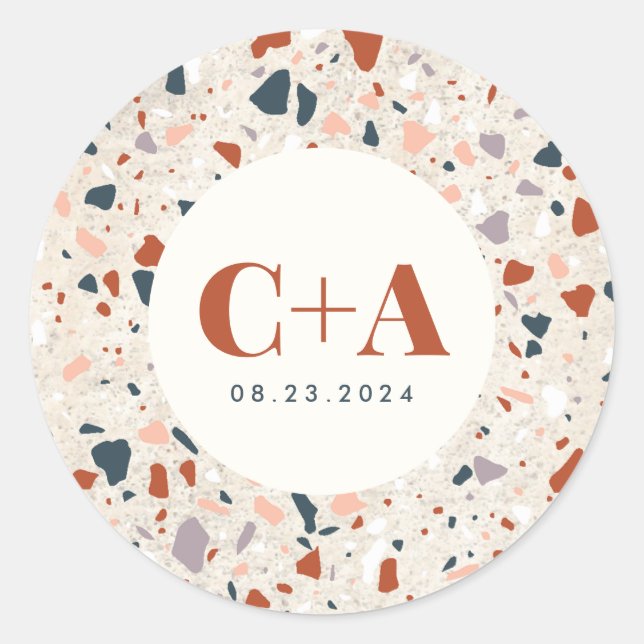 Terrazzo Slab Wedding Monogram and Date Classic Round Sticker (Front)