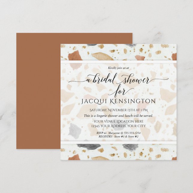 Terrazzo Terra-cotta Modern Square Bridal Shower Invitation (Front/Back)