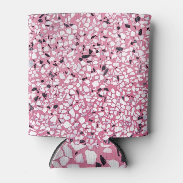 Terrazzo Texture Abstract Pink Black Can Cooler (Front)