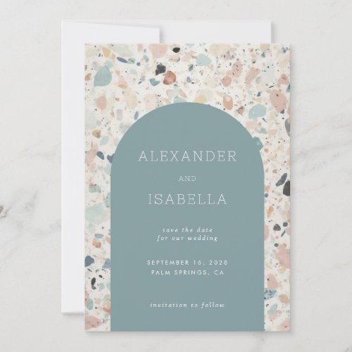 Terrazzo Turquoise Pastel Retro Arch Wedding Save The Date