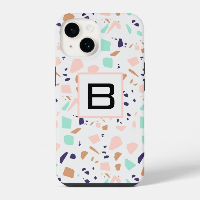 Terrazzo white blush mint monogram initial iphone case (Back)