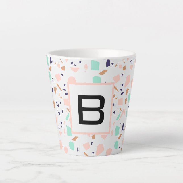 Terrazzo white blush mint monogram initial latte mug (Front)