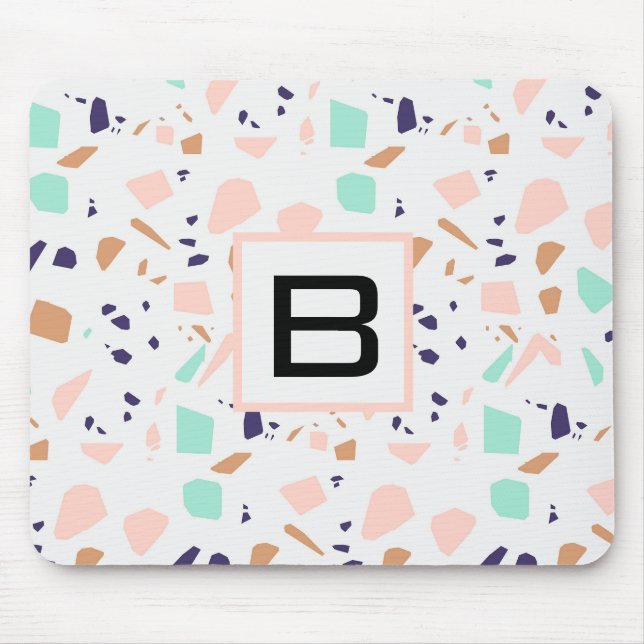 Terrazzo white blush mint monogram initial mouse pad (Front)