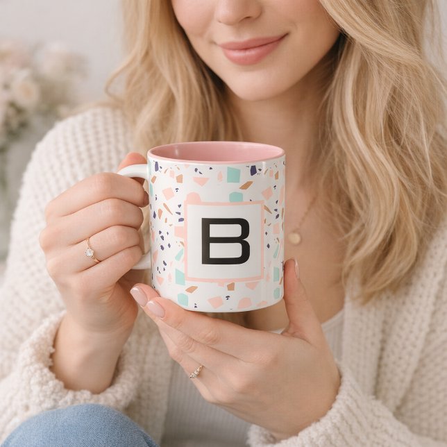 Terrazzo white blush mint monogram initial mug (Creator Uploaded)