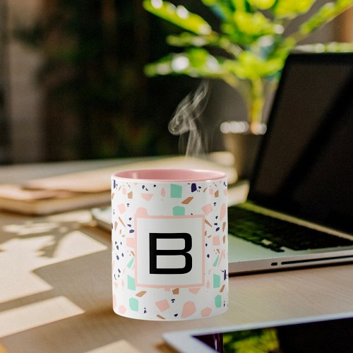 Terrazzo white blush mint monogram initial mug