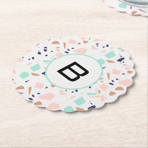 Terrazzo white blush mint monogram initial paper coaster