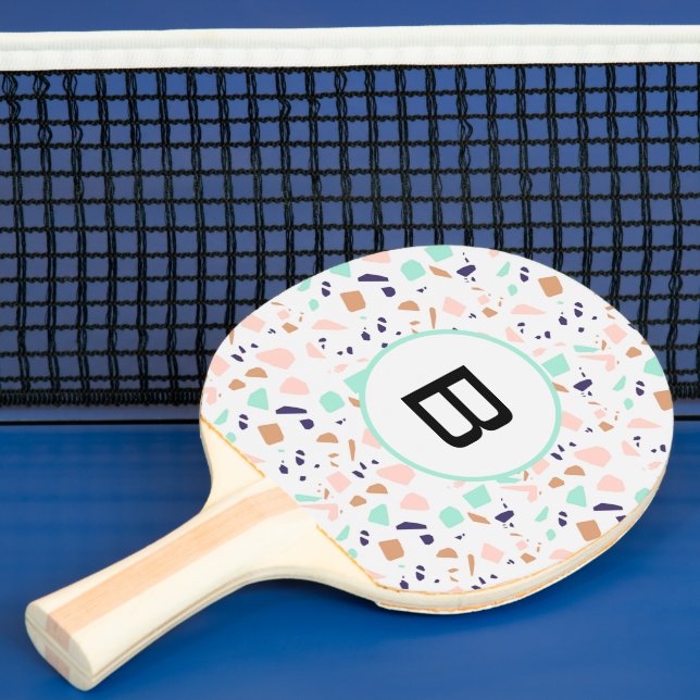 Terrazzo white blush mint monogram initial ping pong paddle (Insitu)