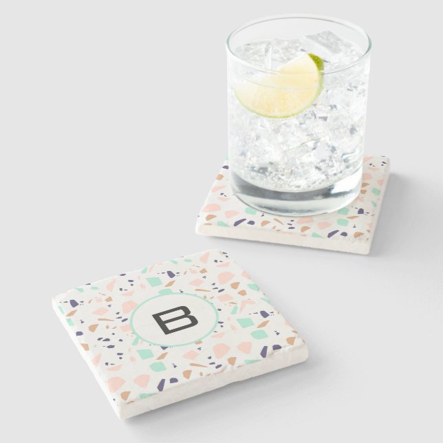 Terrazzo white blush mint monogram initial stone coaster (Side)