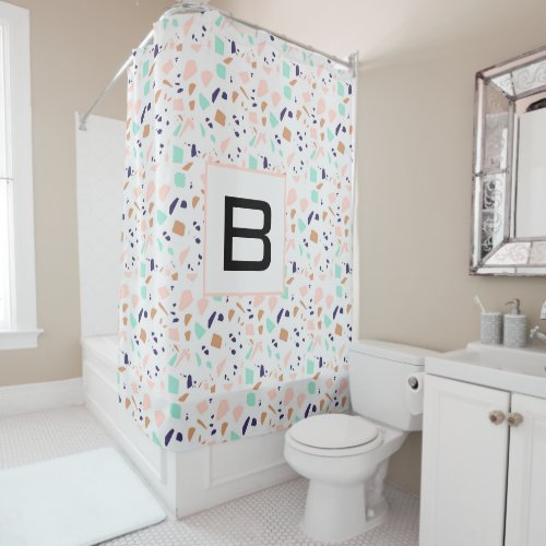 Terrazzo white blush mint monogram shower curtain