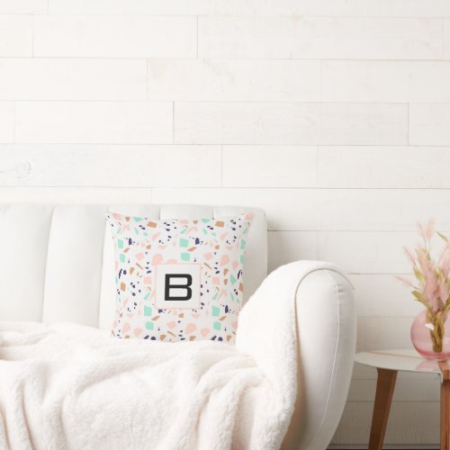 Terrazzo white blush mint monogram throw pillow