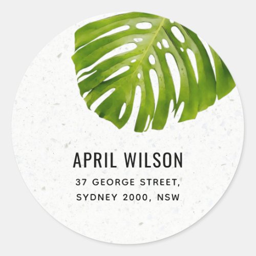 TERRAZZO WHITE GREEN MONSTERA LEAF FOLIAGE ADDRESS CLASSIC ROUND STICKER