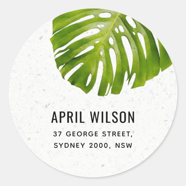 TERRAZZO WHITE GREEN MONSTERA LEAF FOLIAGE ADDRESS CLASSIC ROUND STICKER (Front)