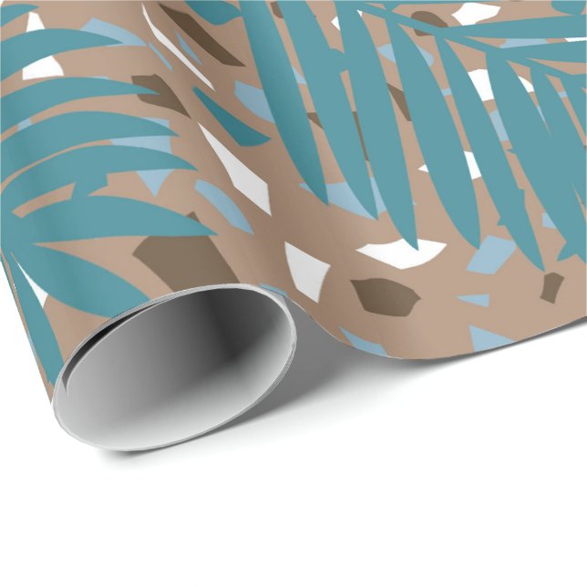Terrazzo with Palm Leaves, beachy, seaside, teal Wrapping Paper (Roll Corner)