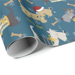 Terrier dogs in Christmas hats on blue Wrapping Paper