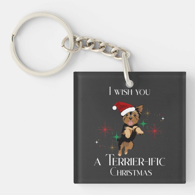 Terrier-ific Christmas Cute Dog Holiday Pun Keychain (Front)