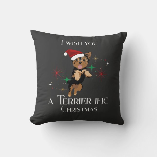 Terrier-ific Christmas Cute Dog Holiday Pun Throw Pillow (Front)