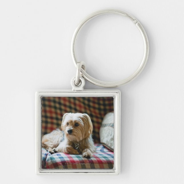 Terrier lying on checkered blanket keychain (Front)