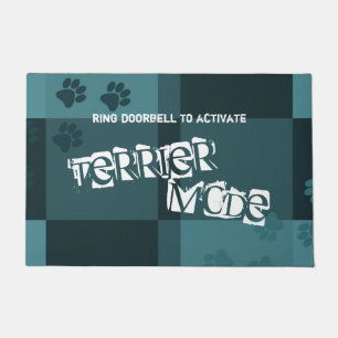 Terrier Mode Funny Dog Pawprints Dark Teal Gray Doormat