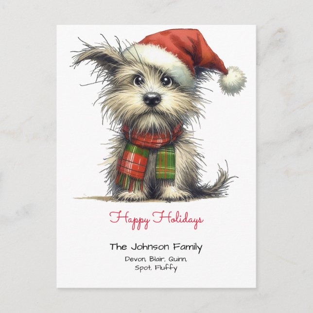 Terrier Puppy in a Santa Hat Happy Holidays Postcard (Front)