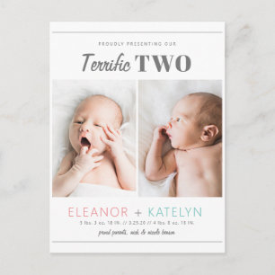 Terrific 2 Twins Birth Announcement Pink Teal Postcard