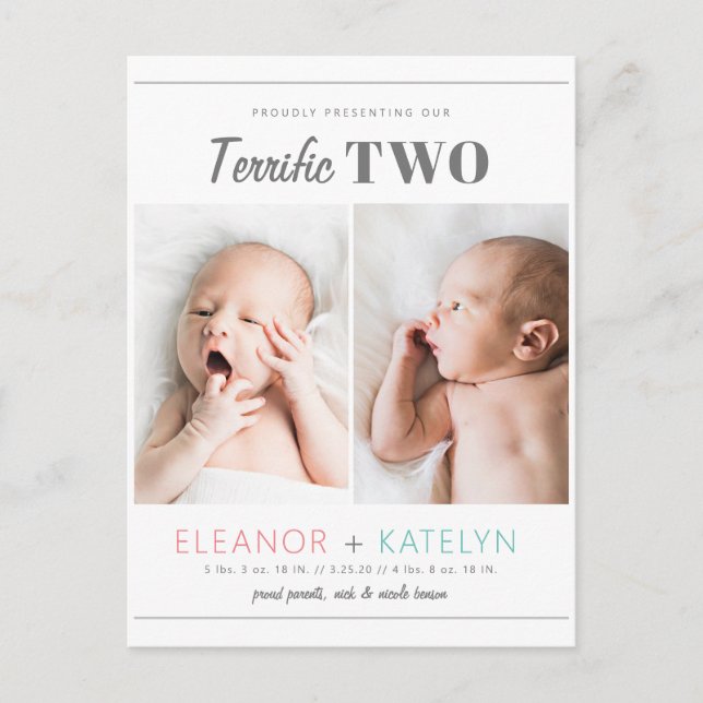 Terrific 2 Twins Birth Announcement Pink Teal Postcard (Front)
