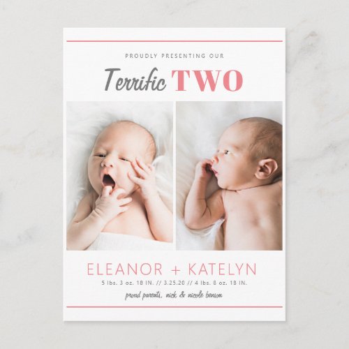 Terrific 2 Twins Birth Announcement Red Postcard