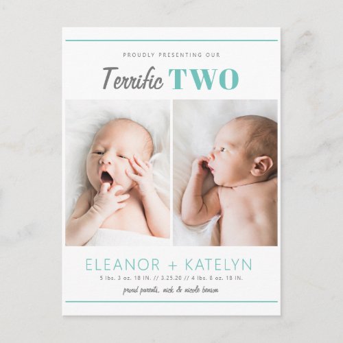 Terrific 2 Twins Birth Announcement Teal Postcard