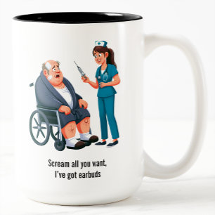 Terrified Senior Citizen Facing Giant Needle Two-Tone Coffee Mug