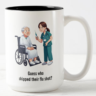 Terrified Senior Citizen Facing Giant Needle Two-Tone Coffee Mug