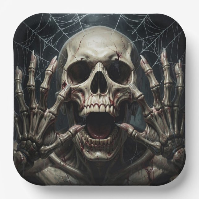 Terrifying Skull Scream Halloween Party Horror Paper Plates (Front)