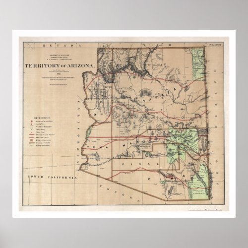 Territory Of Arizona Map 1876 Poster