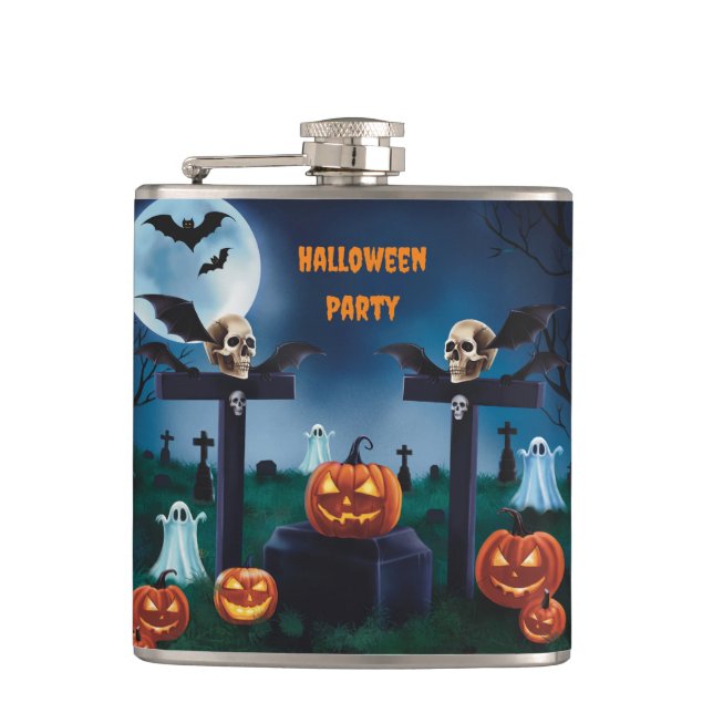 "Terror Night of Halloween and Creepy Tombstones" Flask (Front)