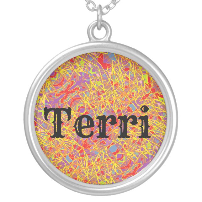 Terry name with abstract art and western font silver plated necklace (Front)