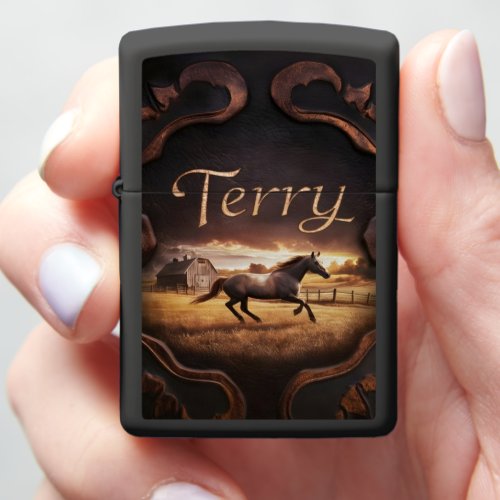 Terrys Horse Running at Sunset Zippo Lighter