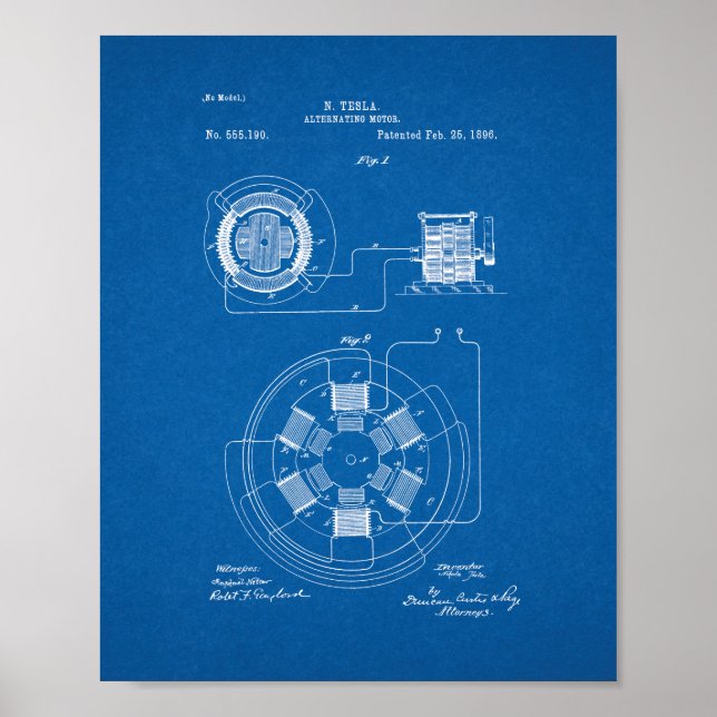 Tesla Alternating Motor Patent - Blueprint Poster (Front)
