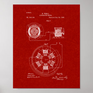 Tesla Alternating Motor Patent - Burgundy Red Poster