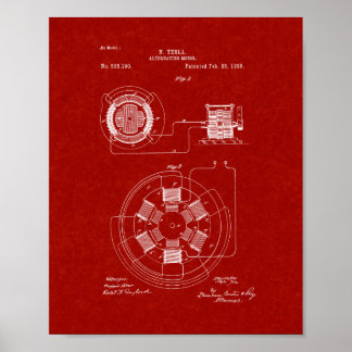 Tesla Alternating Motor Patent - Burgundy Red Poster