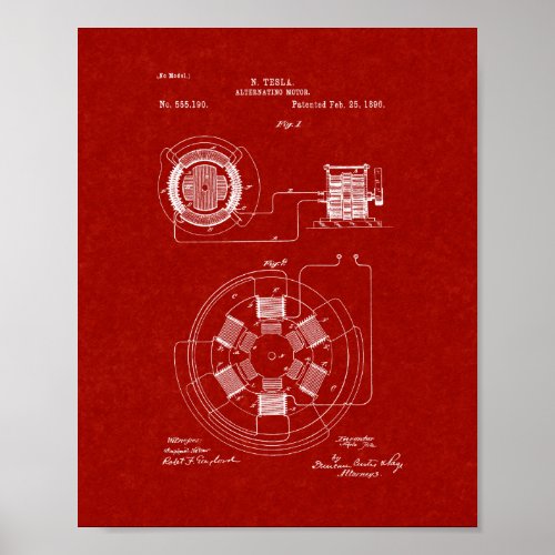 Tesla Alternating Motor Patent _ Burgundy Red Poster