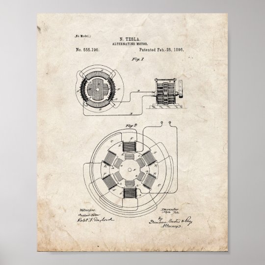 Tesla Alternating Motor Patent - Old Look Poster | Zazzle.com