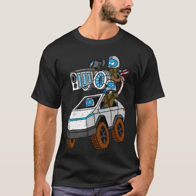 Tesla Cybertruck Rebels. Cartoon Electric Armored  T-Shirt (Front)