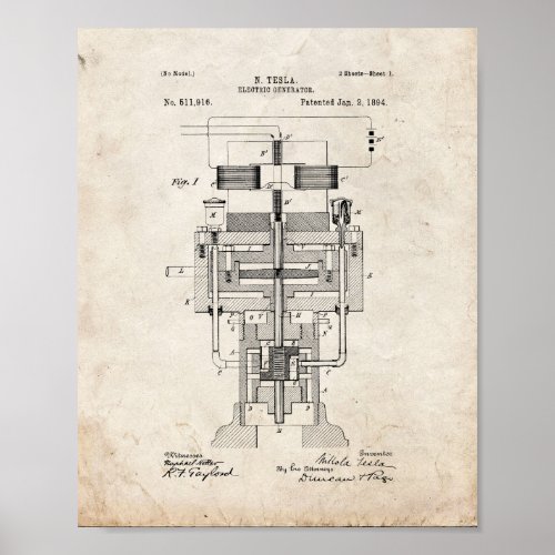 Tesla Electric Generator Patent _ Old Look Poster