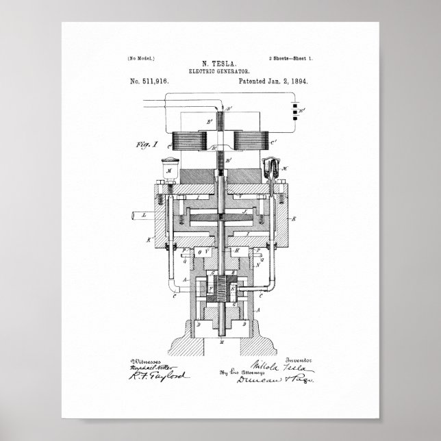 Tesla Electric Generator Patent Poster (Front)