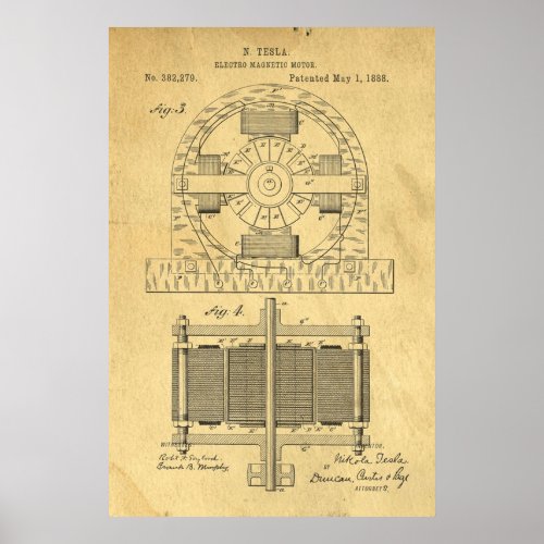 TESLA Electric Motor 1888 Patent  Poster