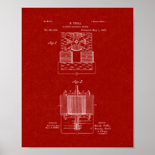 Tesla Electro_magnetic Motor Patent _ Burgundy Red Poster