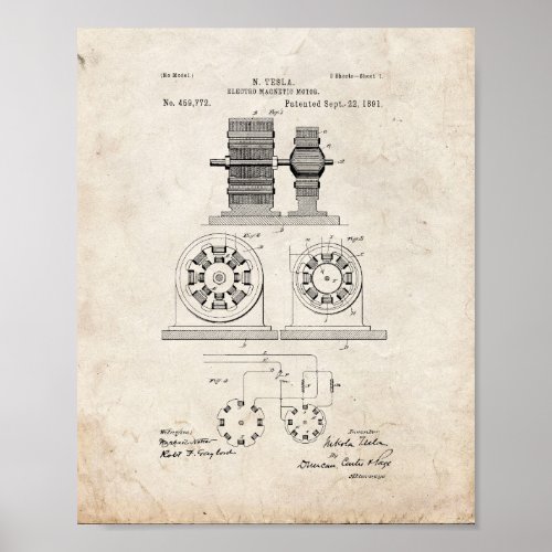 Tesla Electro Magnetic Motor Patent _ Old Look Poster