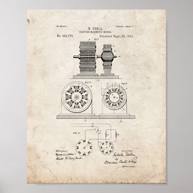 Tesla Electro Magnetic Motor Patent - Old Look Poster (Front)