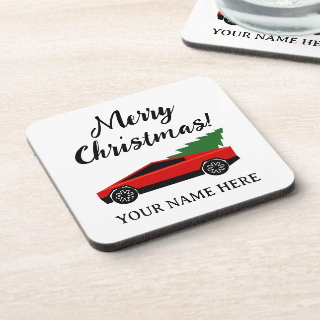 Tesla pickup truck carrying a Christmas tree Beverage Coaster (Left Side)
