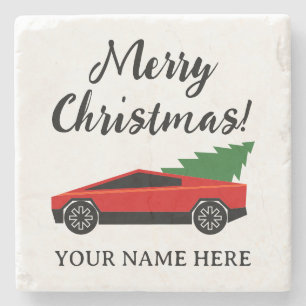 Tesla pickup truck hauling a Christmas tree Stone Coaster